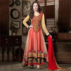 Red Cream Net Anarkali
