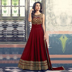 Dark Red Net  Anarkali
