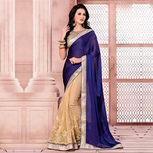 Cream -  Blue Saree